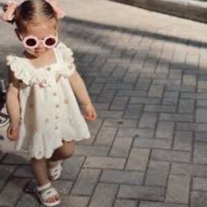 Happily Grey Kids cream white stripes embroidered floral escalloped‎ swing dress